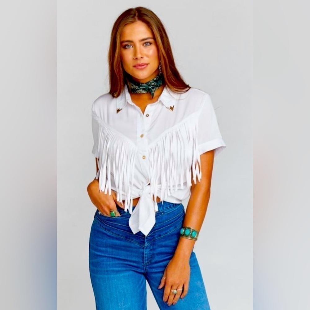 Show Me Your MuMu White Fringe Tie-Front Western Blouse